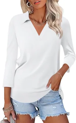 ORANDESIGNE Women's 3/4 Sleeves V Neck Polo Shirts Casual Summer Tops Basic Collar Cute Tees