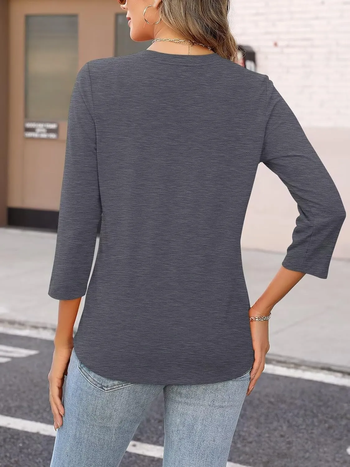 ORANDESIGNE Women's Button Down T Shirts 3/4 Sleeve V Neck Tops Casual Summer Ladies Tees