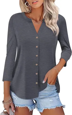 ORANDESIGNE Women's Button Down T Shirts 3/4 Sleeve V Neck Tops Casual Summer Ladies Tees