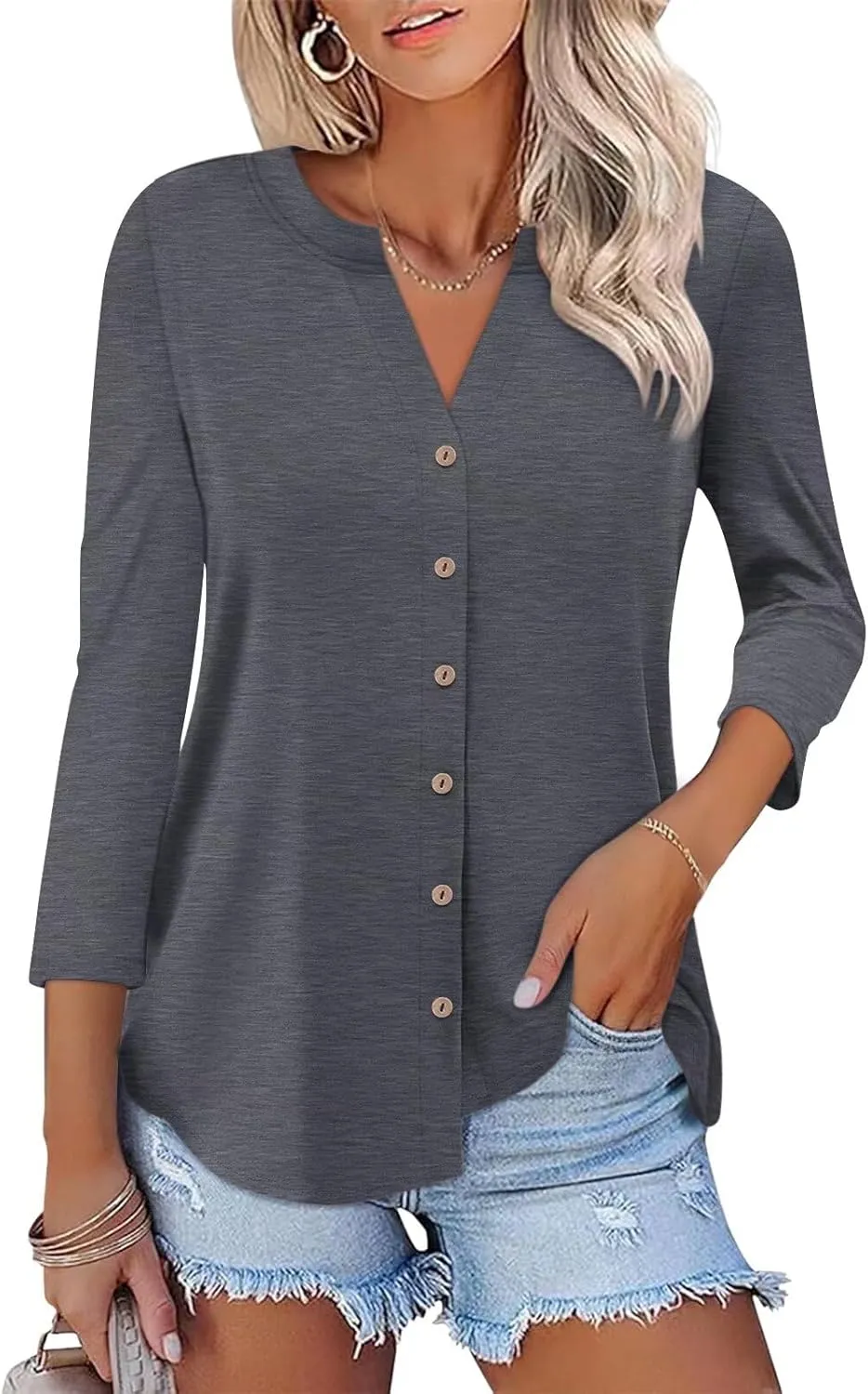 ORANDESIGNE Women's Button Down T Shirts 3/4 Sleeve V Neck Tops Casual Summer Ladies Tees