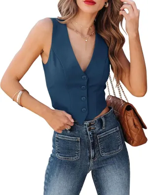 Orchidays Women's Business V Neck Sleeveless Vests Fully Lined Button Up Regular Fitted Jacket Waistcoats
