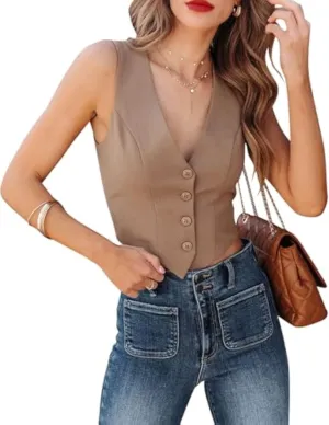 Orchidays Women's Business V Neck Sleeveless Vests Fully Lined Button Up Regular Fitted Jacket Waistcoats
