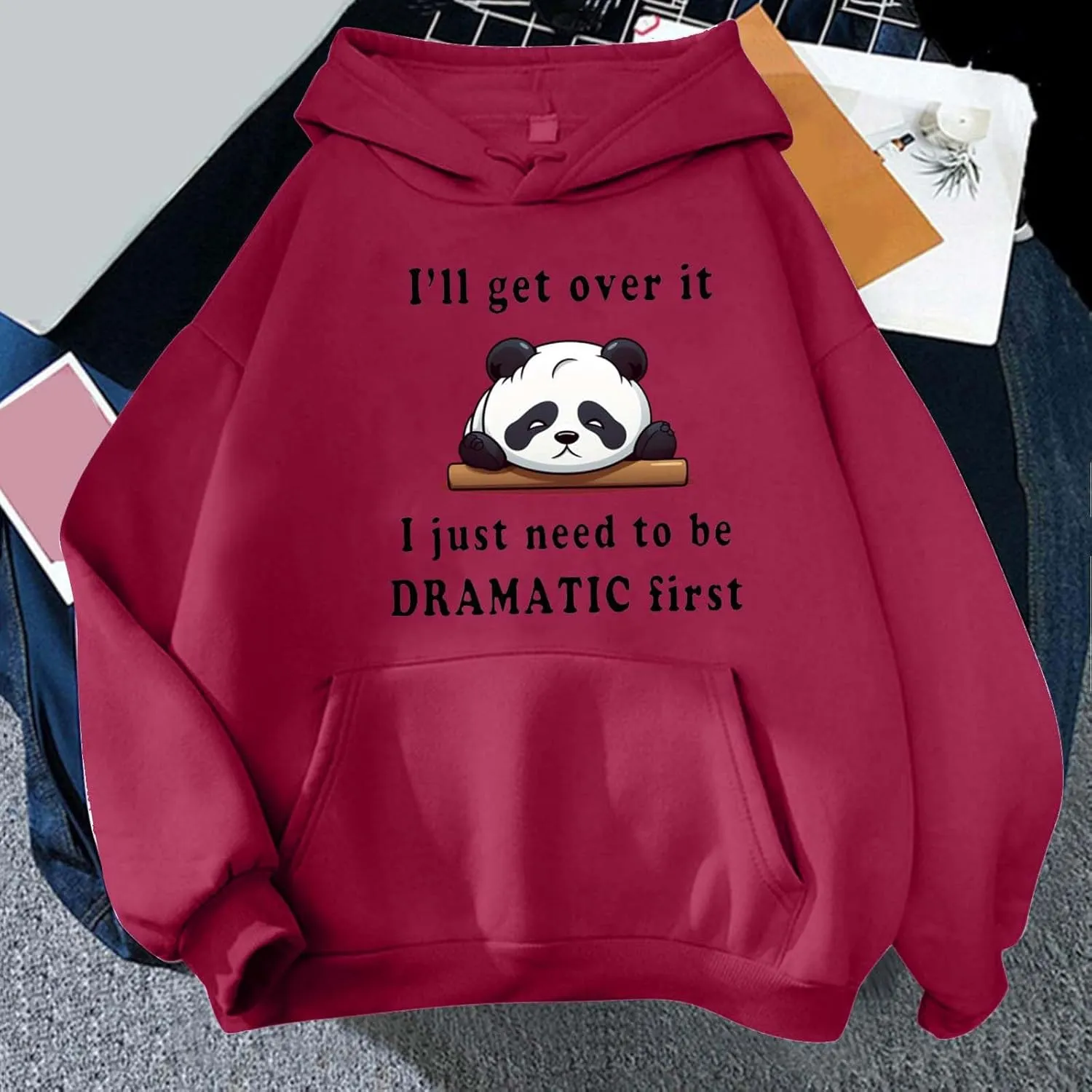Oversized Hoodie for Teen Girls Cute Panda Letter Graphic Drawstring Hooded Sweatshirts I'll Get Over It Comfort Hoodies