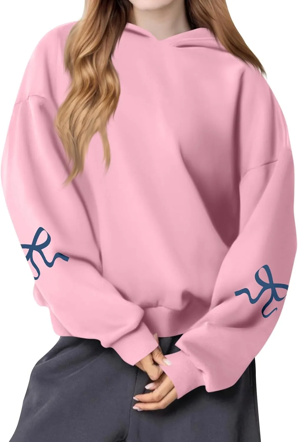Oversized Hoodies for Women Cute Graphic Fleece Sweatshirts Comfy Y2k Bow Hoodie Drop Shoulder Pullover with Pockets