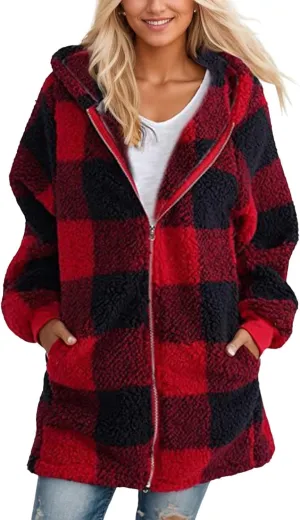 Oversized Sherpa Jacket Women Plus Size Plaid Fleece Full Zip Winter Coat Comfy Fuzzy Cardigan Sweater Hooded Outwear