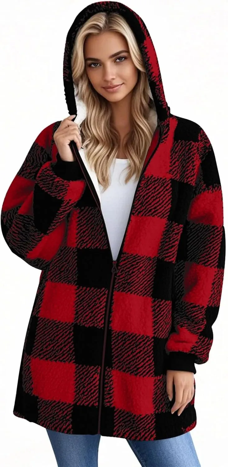 Oversized Sherpa Jacket Women Plus Size Plaid Fleece Full Zip Winter Coat Comfy Fuzzy Cardigan Sweater Hooded Outwear