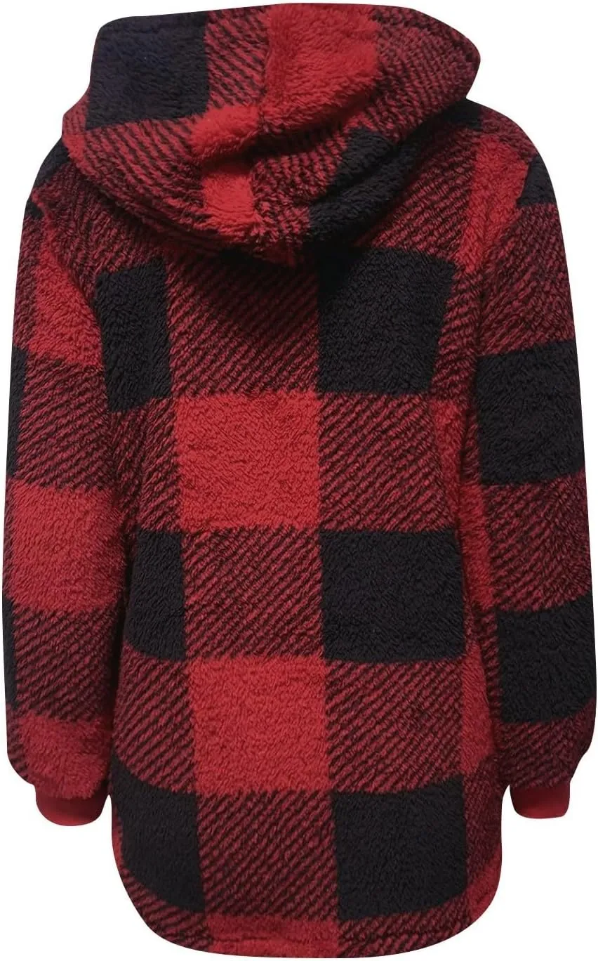 Oversized Sherpa Jacket Women Plus Size Plaid Fleece Full Zip Winter Coat Comfy Fuzzy Cardigan Sweater Hooded Outwear