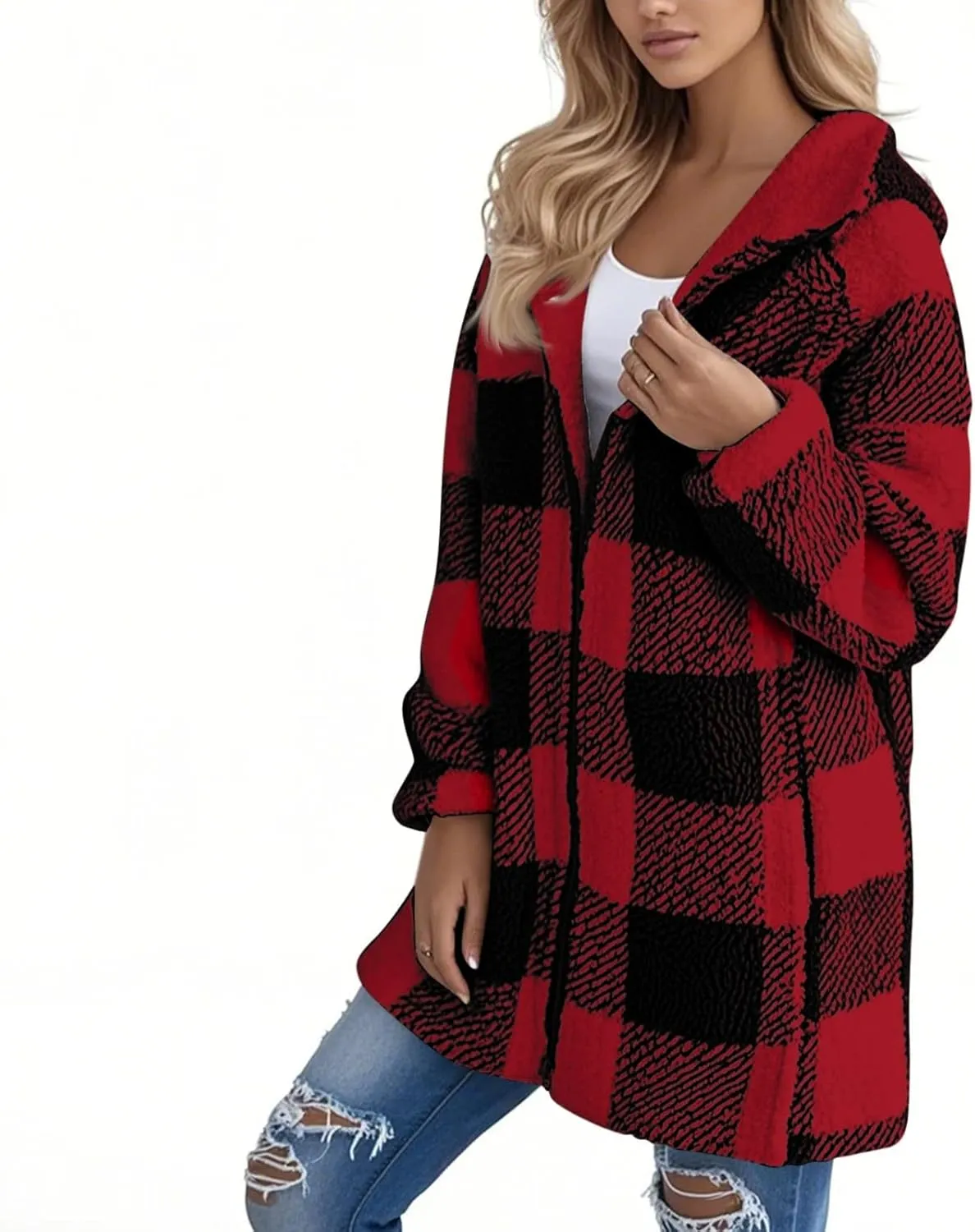 Oversized Sherpa Jacket Women Plus Size Plaid Fleece Full Zip Winter Coat Comfy Fuzzy Cardigan Sweater Hooded Outwear
