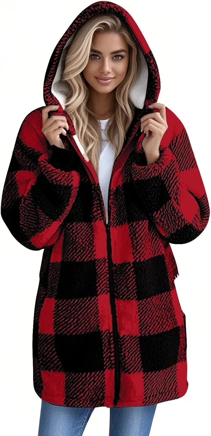 Oversized Sherpa Jacket Women Plus Size Plaid Fleece Full Zip Winter Coat Comfy Fuzzy Cardigan Sweater Hooded Outwear