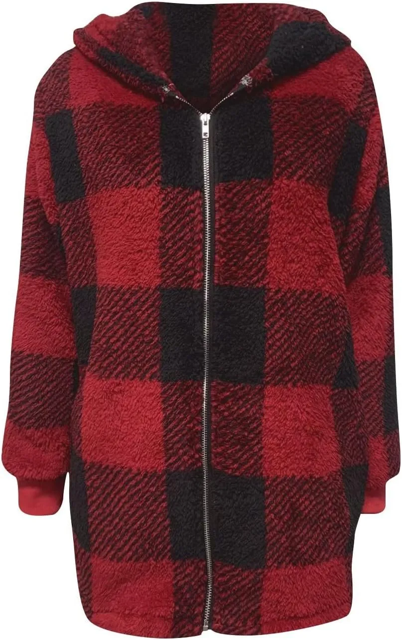 Oversized Sherpa Jacket Women Plus Size Plaid Fleece Full Zip Winter Coat Comfy Fuzzy Cardigan Sweater Hooded Outwear