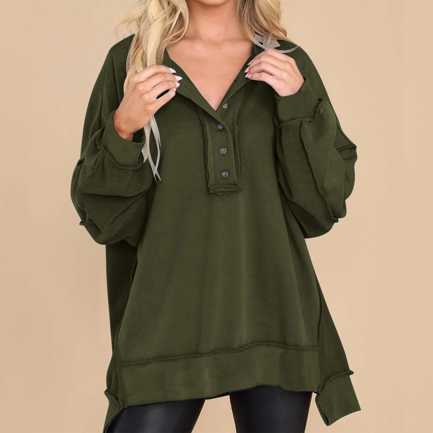 Oversized Women Sweatshirt Button Collared Casual Hoodies Soild Lightweight Pullover Tops Fall Fashion Clothes