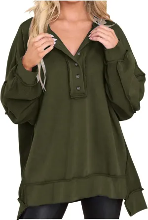 Oversized Women Sweatshirt Button Collared Casual Hoodies Soild Lightweight Pullover Tops Fall Fashion Clothes
