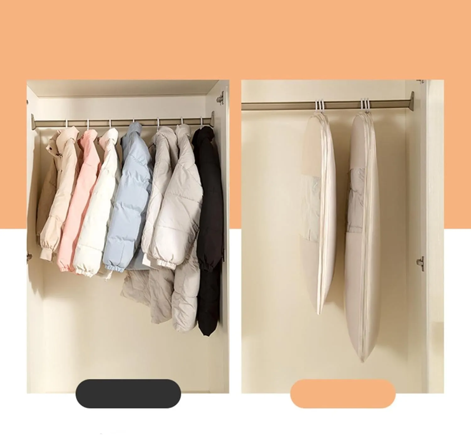 Peach Skin Velvet Hanging Storage Bag, Self-Compression Zipper Space Saving Closet Organizer, Dust-Proof Garment Bag for Down Coats and Heavy Clothing (Oat, Medium)