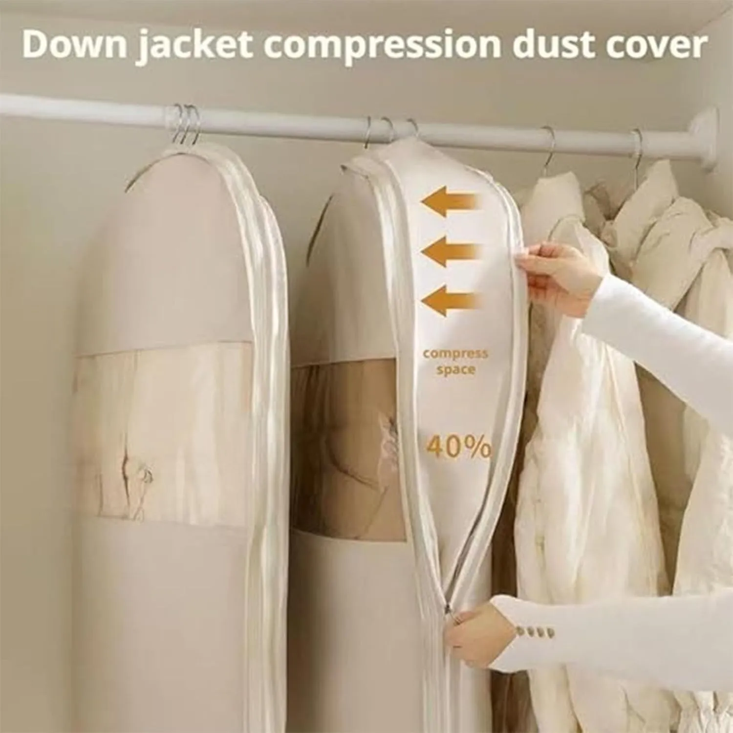 Peach Skin Velvet Hanging Storage Bag, Self-Compression Zipper Space Saving Closet Organizer, Dust-Proof Garment Bag for Down Coats and Heavy Clothing (Oat, Medium)