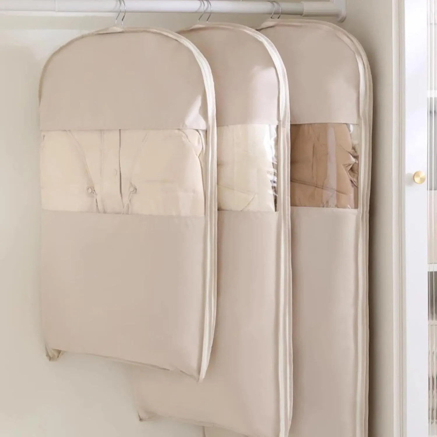 Peach Skin Velvet Hanging Storage Bag, Self-Compression Zipper Space Saving Closet Organizer, Dust-Proof Garment Bag for Down Coats and Heavy Clothing (Oat, Medium)