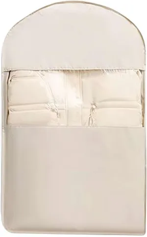 Peach Skin Velvet Hanging Storage Bag, Self-Compression Zipper Space Saving Closet Organizer, Dust-Proof Garment Bag for Down Coats and Heavy Clothing (Oat, Medium)