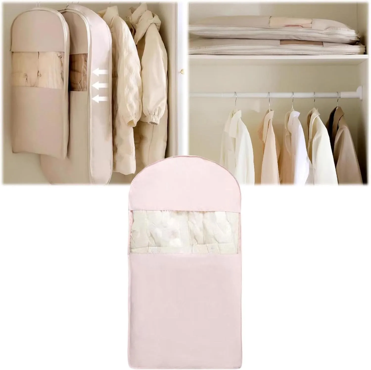 Peach Skin Velvet Hanging Storage Bag, Self-Compression Zipper Space Saving Closet Organizer, Dust-Proof Garment Bag for Down Coats and Heavy Clothing (Pink, Large)