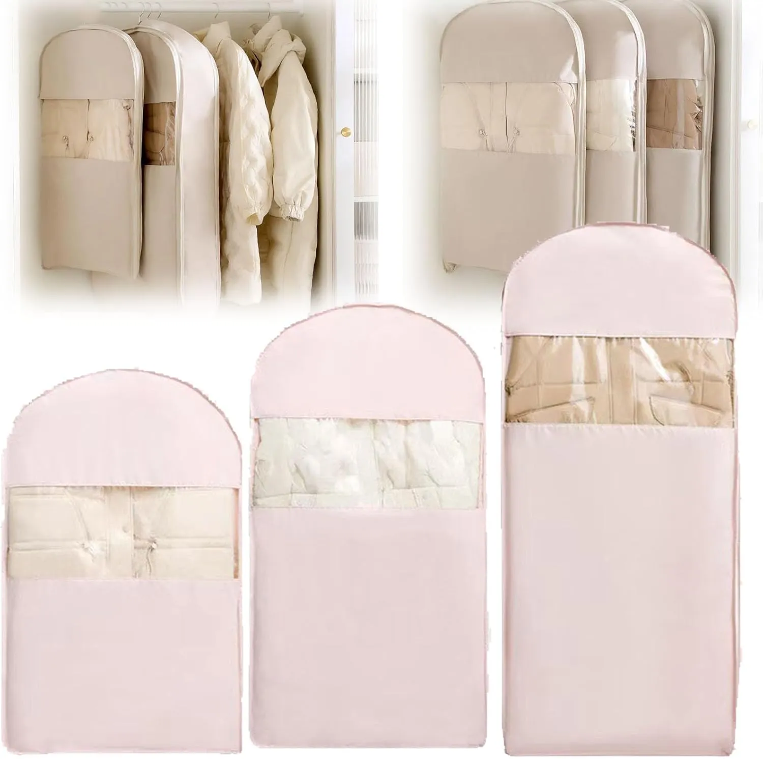 Peach Skin Velvet Hanging Storage Bag, Self-Compression Zipper Space Saving Closet Organizer, Dust-Proof Garment Bag for Down Coats and Heavy Clothing (Pink, Large)