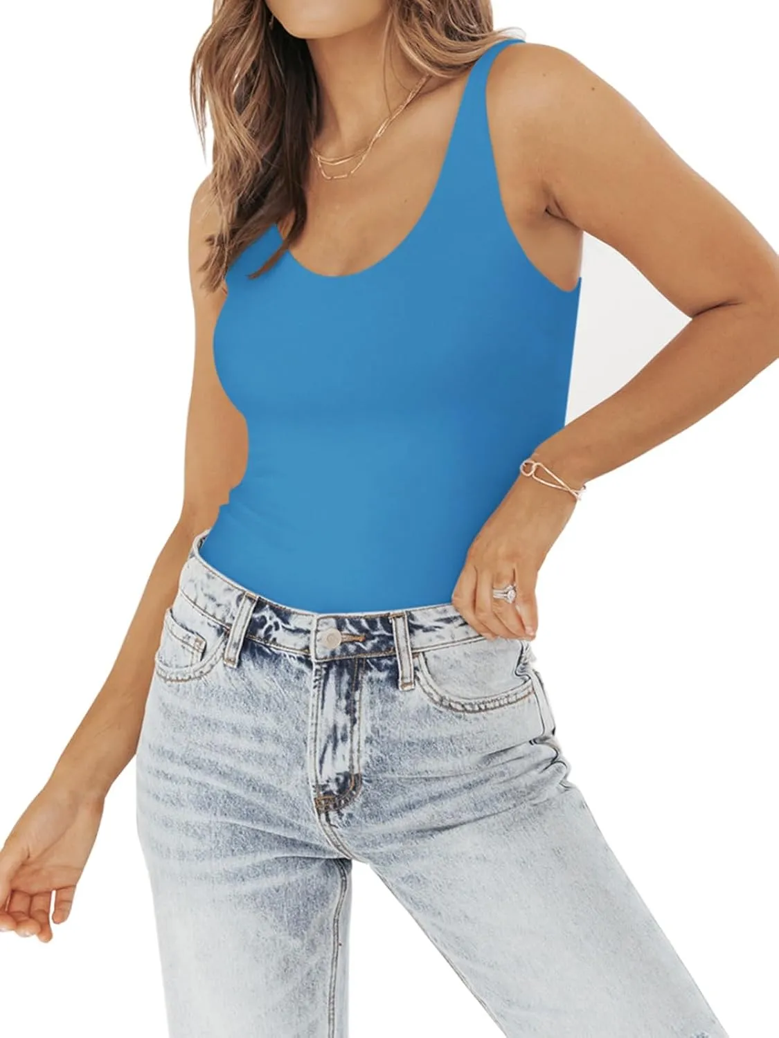 PINKMSTYLE Womens Basic Double Lined V Neck Tank Tops Slimming Workout Summer Tops Sleeveless Shirts