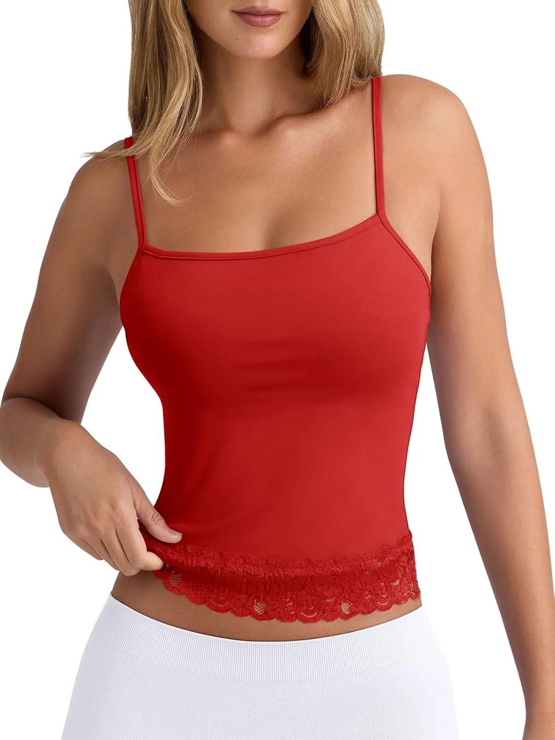PINKMSTYLE Womens Lace Spaghetti Strap Tank Tops Double Lined Camisole Tops Going Out Outfits