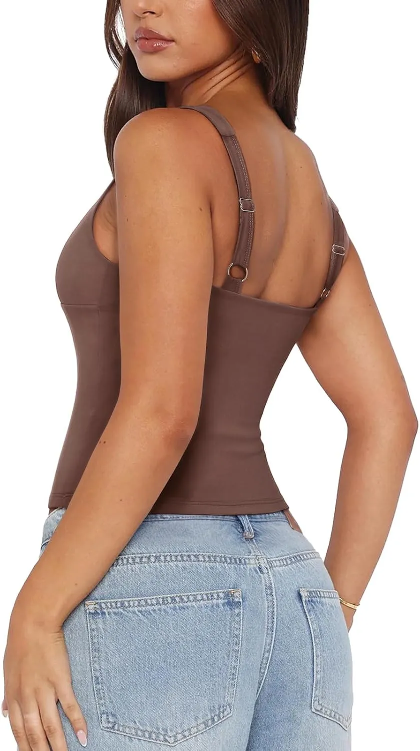 PINKMSTYLE Womens Wrap V Neck Spaghetti Strap Tank Tops Double Lined Tops for Going Out