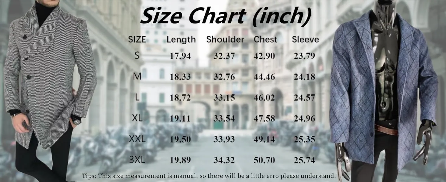 Plaid Trench Coat for Men Notched Lapel Collar Single Breasted Wool Pea Overcoats Casual Winter Slim Coats