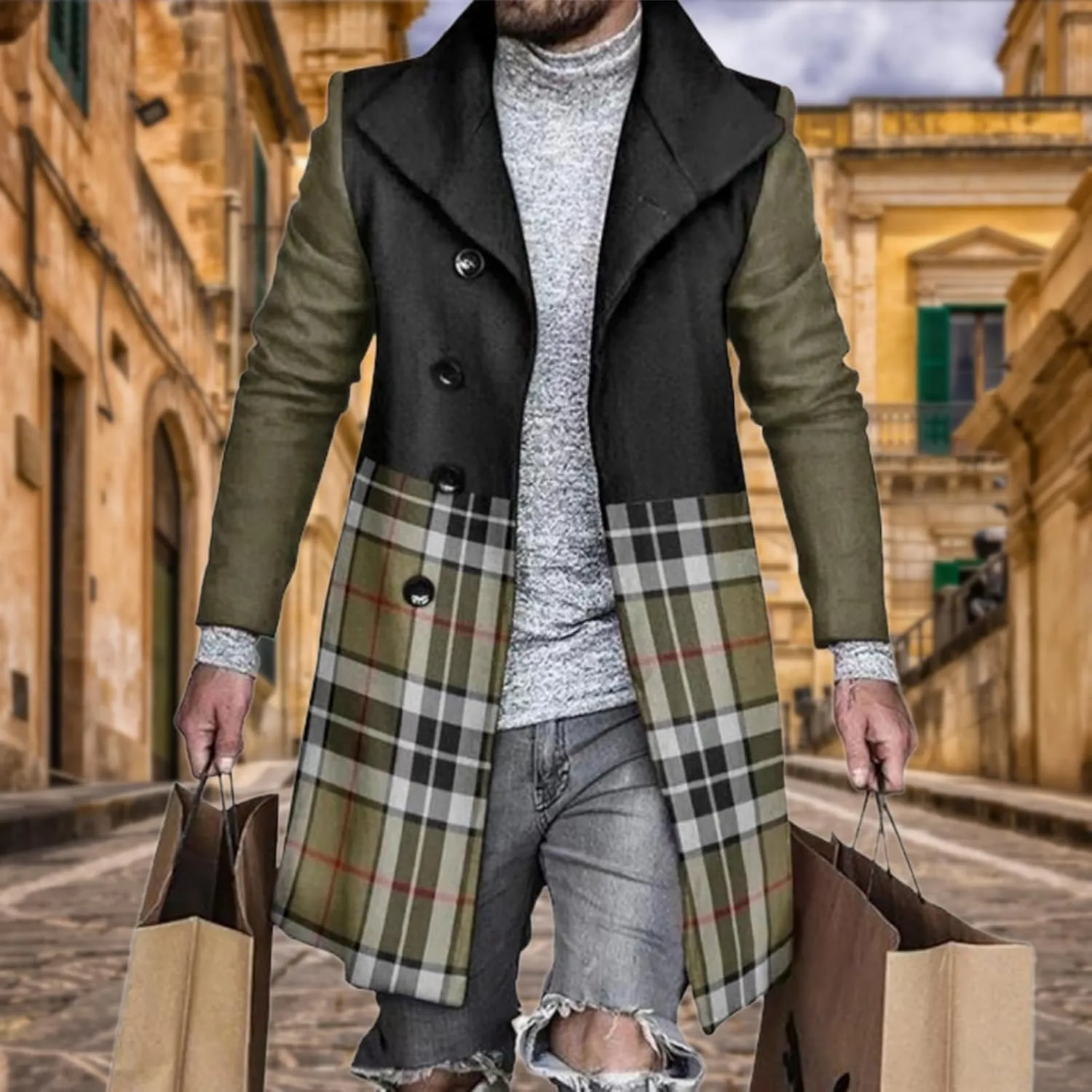 Plaid Trench Coat for Men Notched Lapel Collar Single Breasted Wool Pea Overcoats Casual Winter Slim Coats