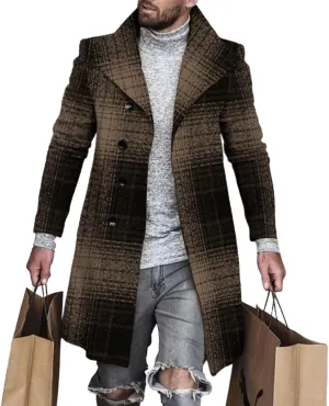 Plaid Trench Coat for Men Notched Lapel Collar Single Breasted Wool Pea Overcoats Casual Winter Slim Coats