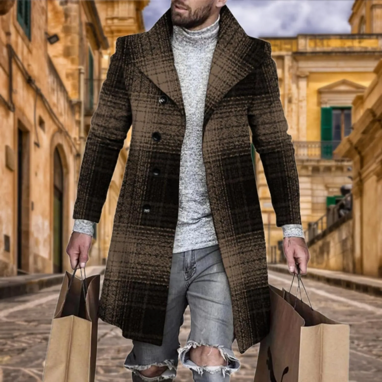 Plaid Trench Coat for Men Notched Lapel Collar Single Breasted Wool Pea Overcoats Casual Winter Slim Coats