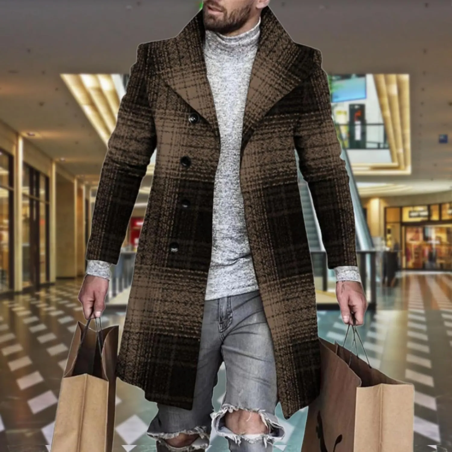 Plaid Trench Coat for Men Notched Lapel Collar Single Breasted Wool Pea Overcoats Casual Winter Slim Coats