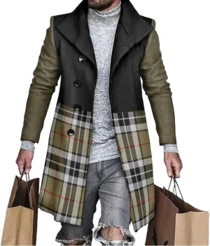 Plaid Trench Coat for Men Notched Lapel Collar Single Breasted Wool Pea Overcoats Casual Winter Slim Coats