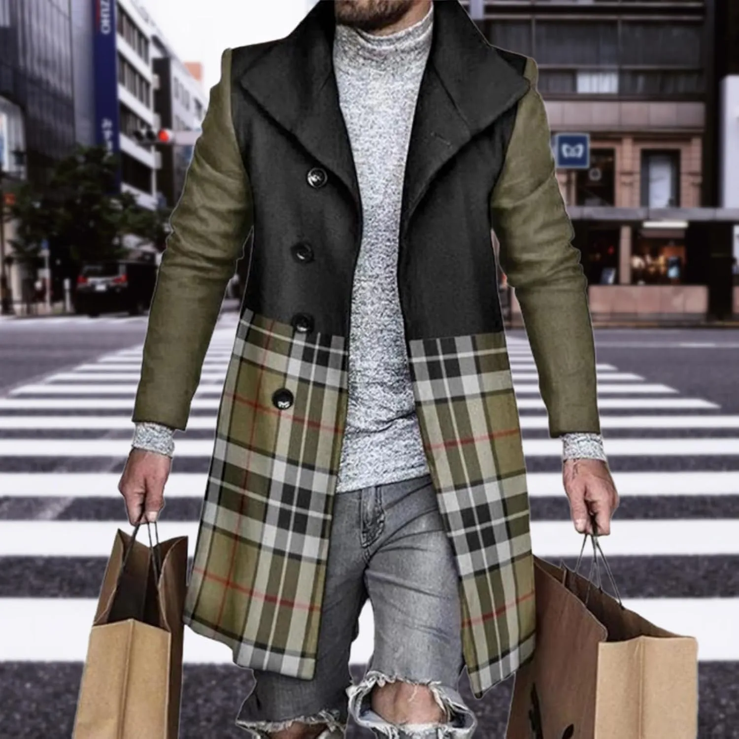 Plaid Trench Coat for Men Notched Lapel Collar Single Breasted Wool Pea Overcoats Casual Winter Slim Coats