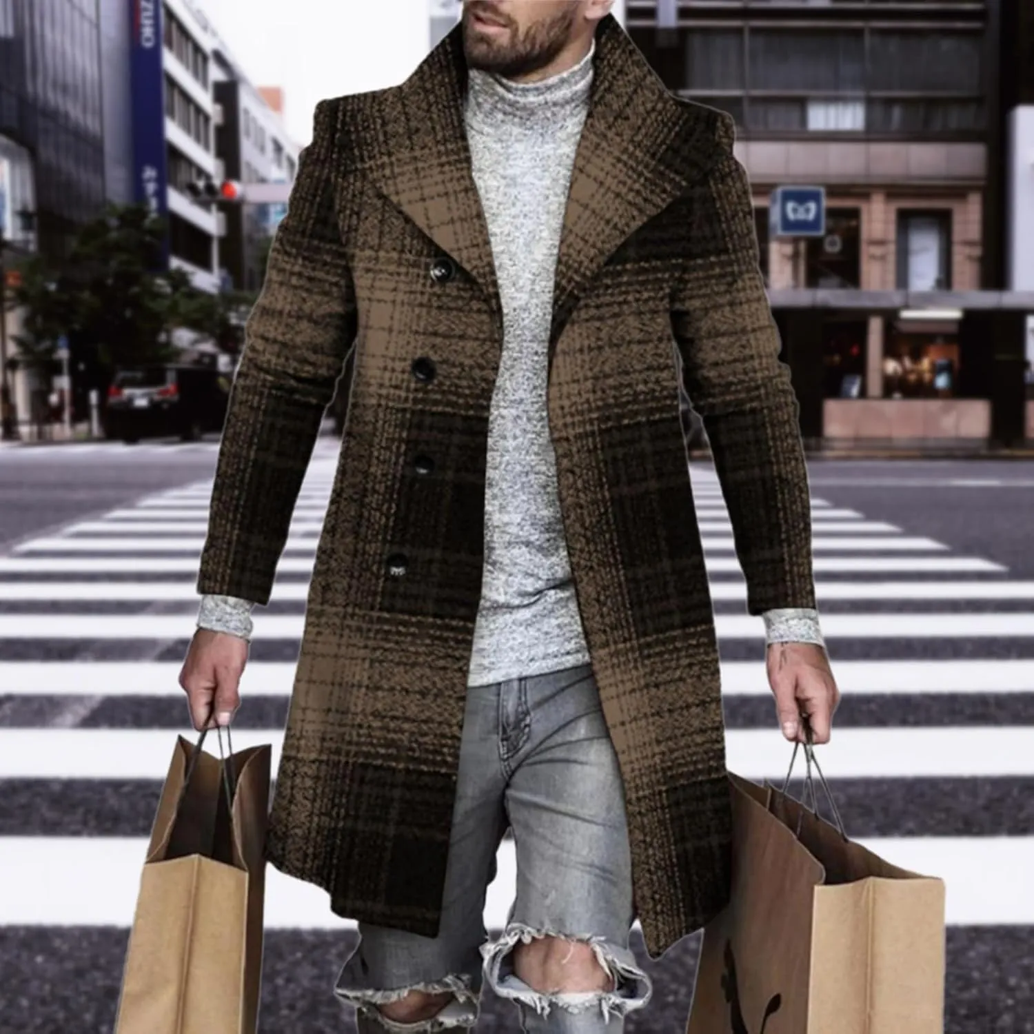 Plaid Trench Coat for Men Notched Lapel Collar Single Breasted Wool Pea Overcoats Casual Winter Slim Coats