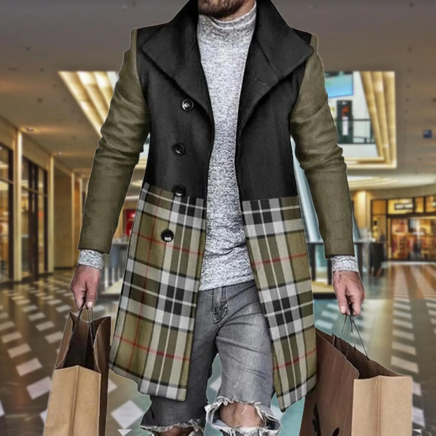 Plaid Trench Coat for Men Notched Lapel Collar Single Breasted Wool Pea Overcoats Casual Winter Slim Coats