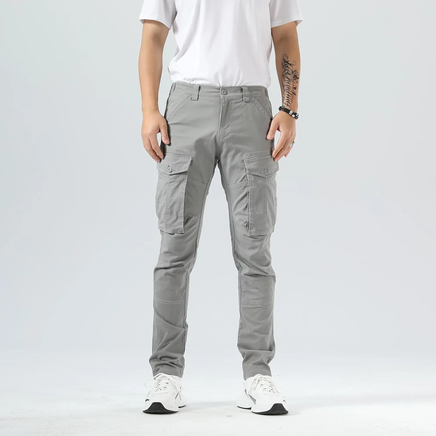 Plaid&Plain Men's Cargo Pants Slim Fit with Articulated Knees