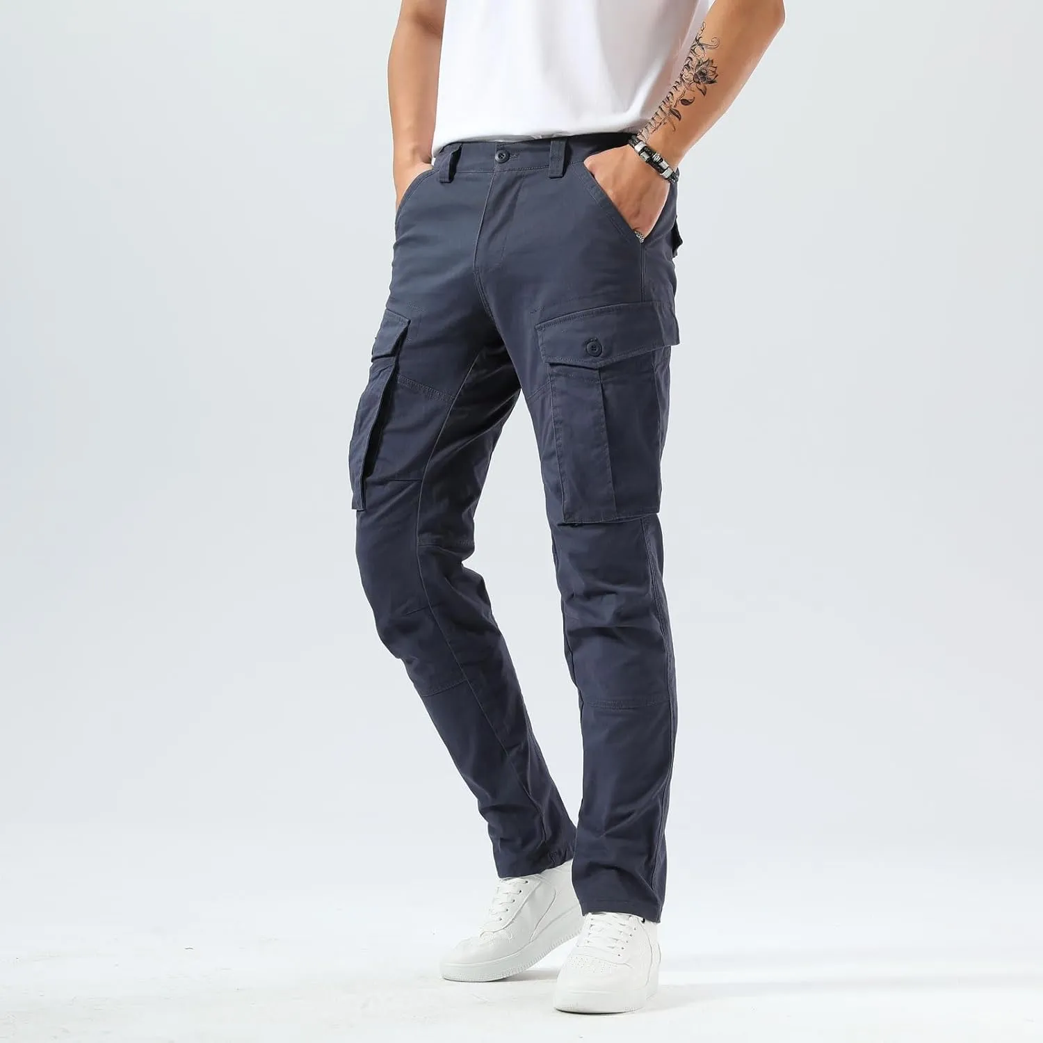 Plaid&Plain Men's Cargo Pants Slim Fit with Articulated Knees