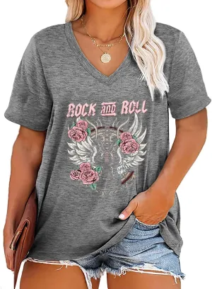 Plus Size Tops Womens V Neck Western Cowgirl T-Shirts Vintage Country Music Graphic Tee Shirt
