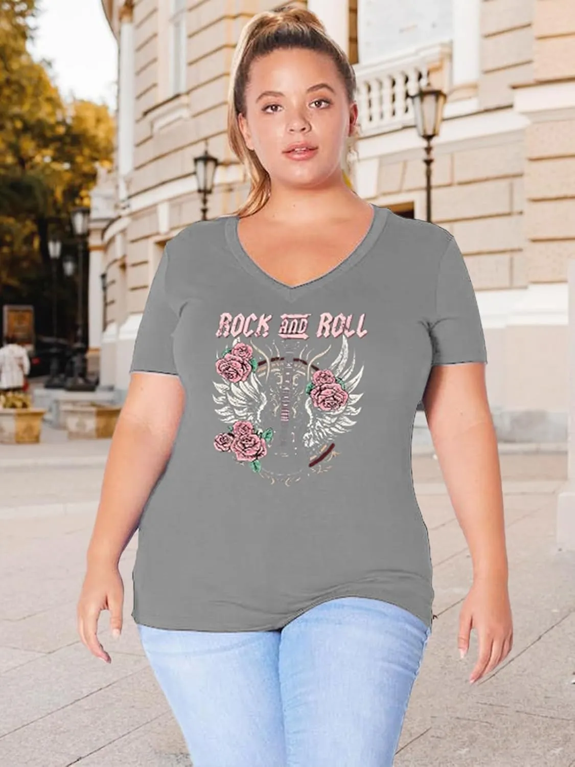 Plus Size Tops Womens V Neck Western Cowgirl T-Shirts Vintage Country Music Graphic Tee Shirt