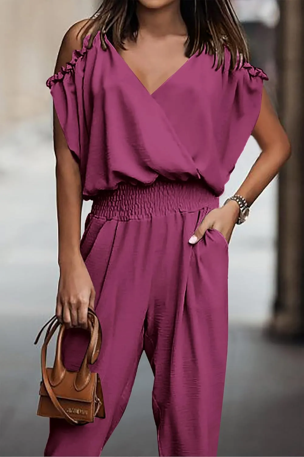 PRETTYGARDEN Jumpsuit for Women Casual Wrap V Neck Cold Shoulder One Piece Outfits Pants Romper