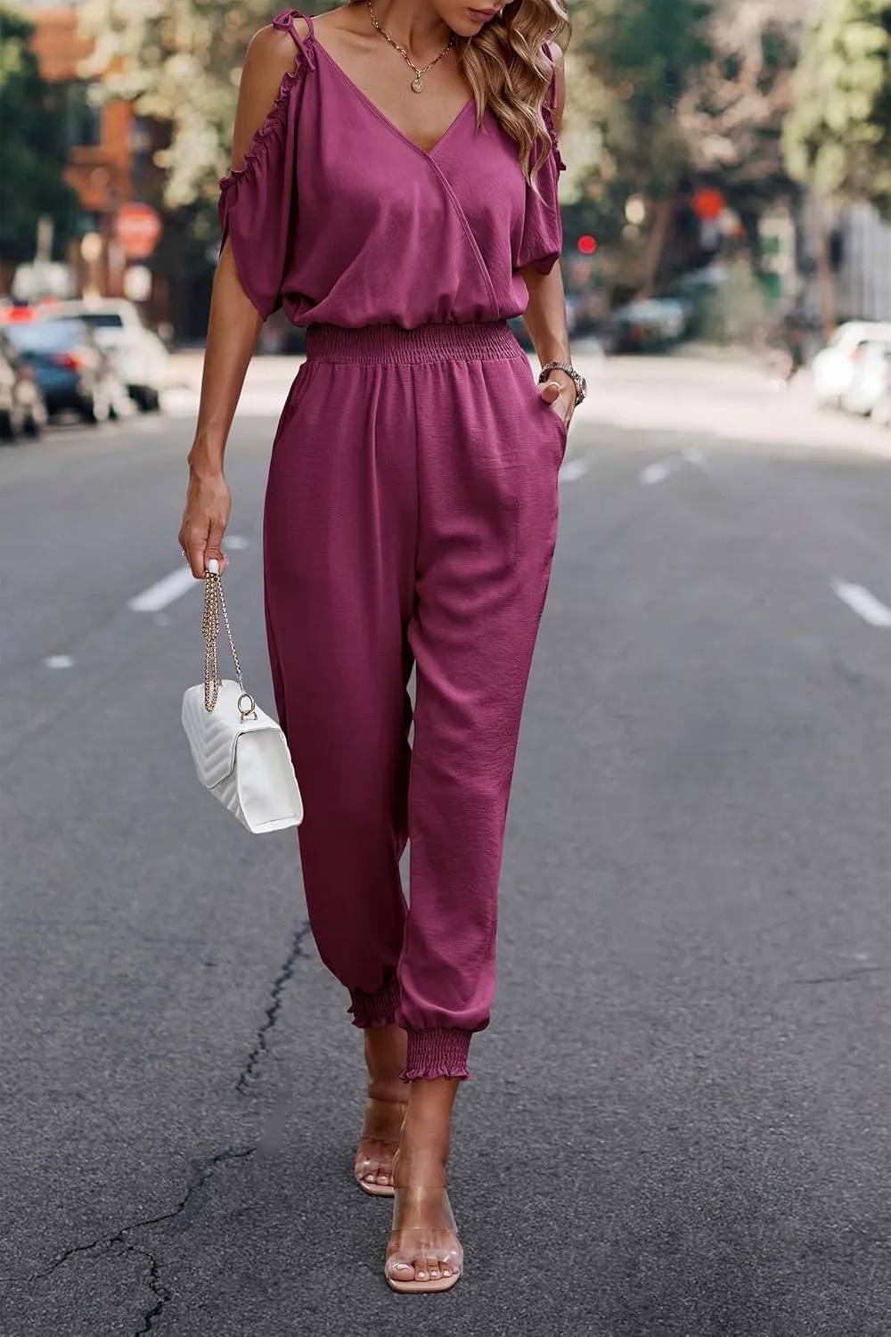 PRETTYGARDEN Jumpsuit for Women Casual Wrap V Neck Cold Shoulder One Piece Outfits Pants Romper