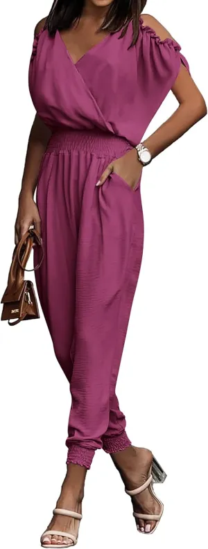PRETTYGARDEN Jumpsuit for Women Casual Wrap V Neck Cold Shoulder One Piece Outfits Pants Romper