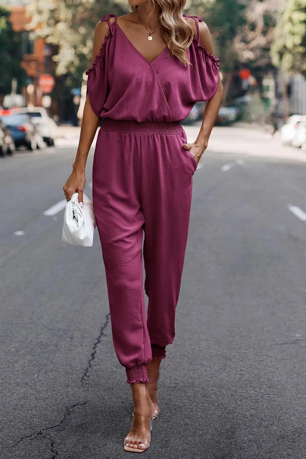 PRETTYGARDEN Jumpsuit for Women Casual Wrap V Neck Cold Shoulder One Piece Outfits Pants Romper