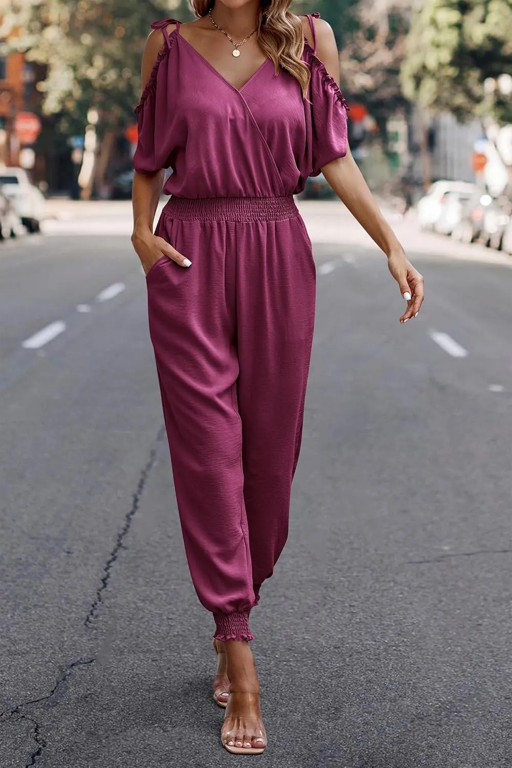 PRETTYGARDEN Jumpsuit for Women Casual Wrap V Neck Cold Shoulder One Piece Outfits Pants Romper