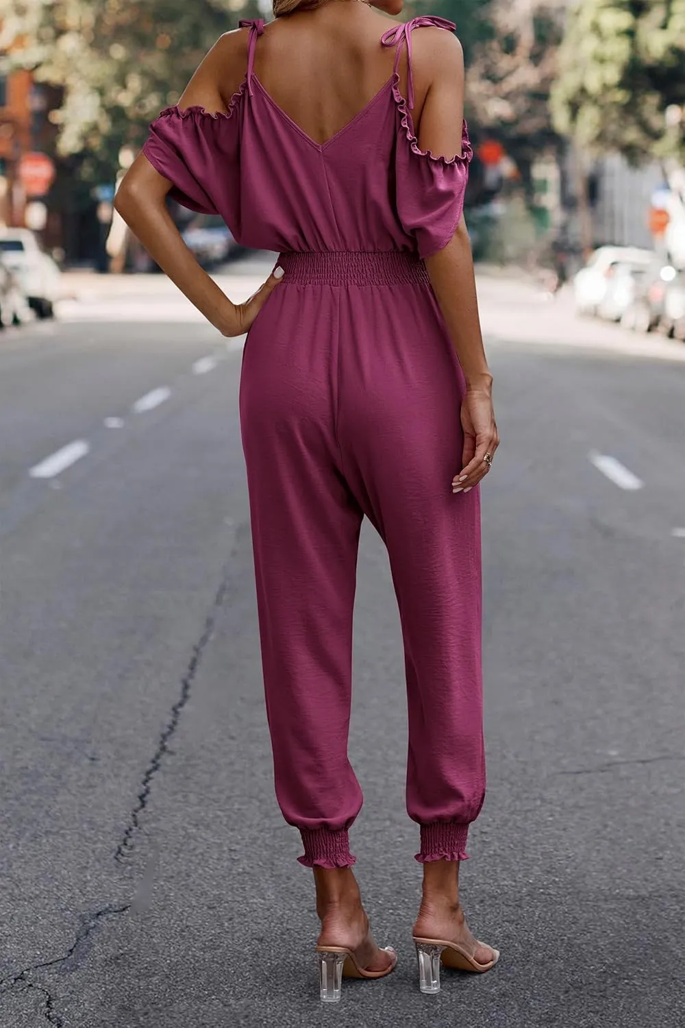 PRETTYGARDEN Jumpsuit for Women Casual Wrap V Neck Cold Shoulder One Piece Outfits Pants Romper