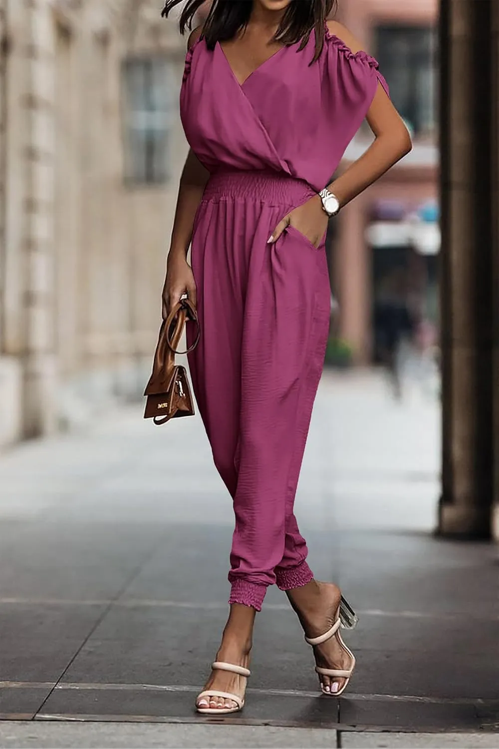 PRETTYGARDEN Jumpsuit for Women Casual Wrap V Neck Cold Shoulder One Piece Outfits Pants Romper