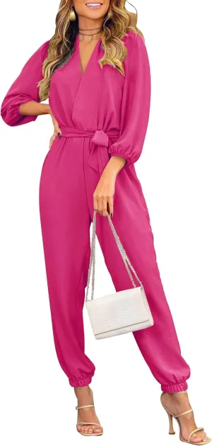 PRETTYGARDEN Women's Fall Jumpsuits Dressy Casual Pants Romper Spring Long Sleeve V Neck Belt Pockets One Piece Outfits