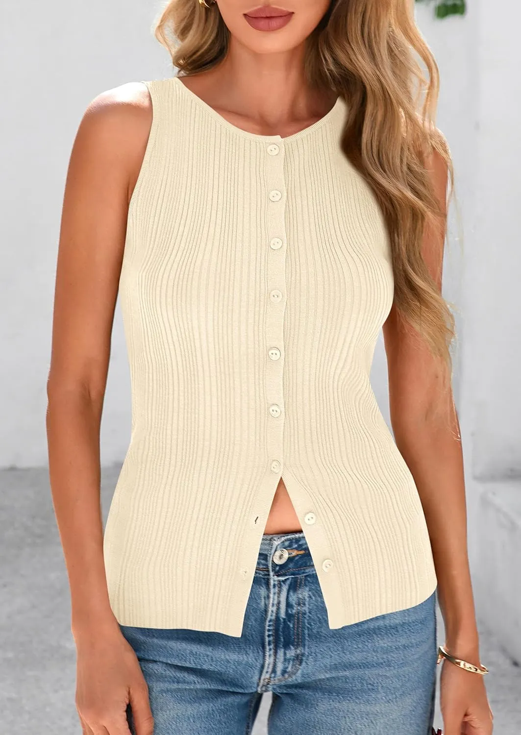 PRETTYGARDEN Women's Ribbed Tank Tops Summer 2025 Open Front Button Down Sleeveless Shirts Going Out Spring Fashion Vest Tops