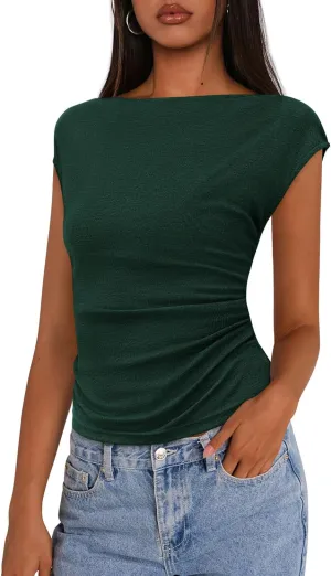 PRETTYGARDEN Women's Ruched Crop Tank Tops 2025 Summer Trendy Cap Sleeve Ribbed Knit Basic Fitted Going Out Tee Shirts