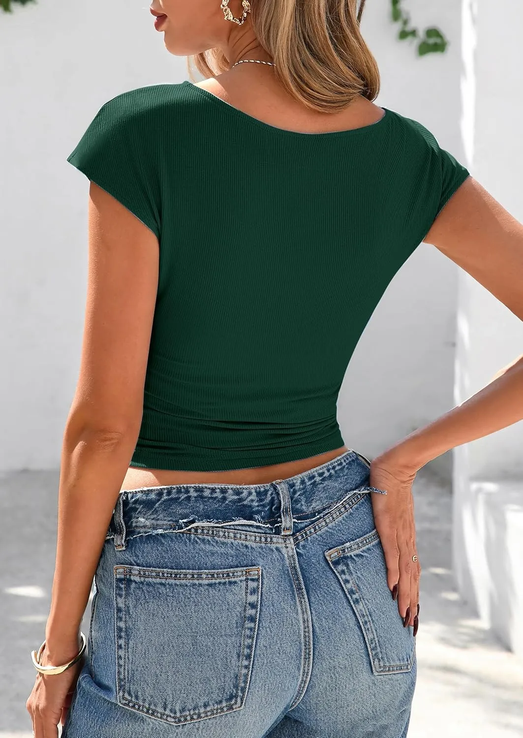 PRETTYGARDEN Women's Ruched Crop Tank Tops 2025 Summer Trendy Cap Sleeve Ribbed Knit Basic Fitted Going Out Tee Shirts