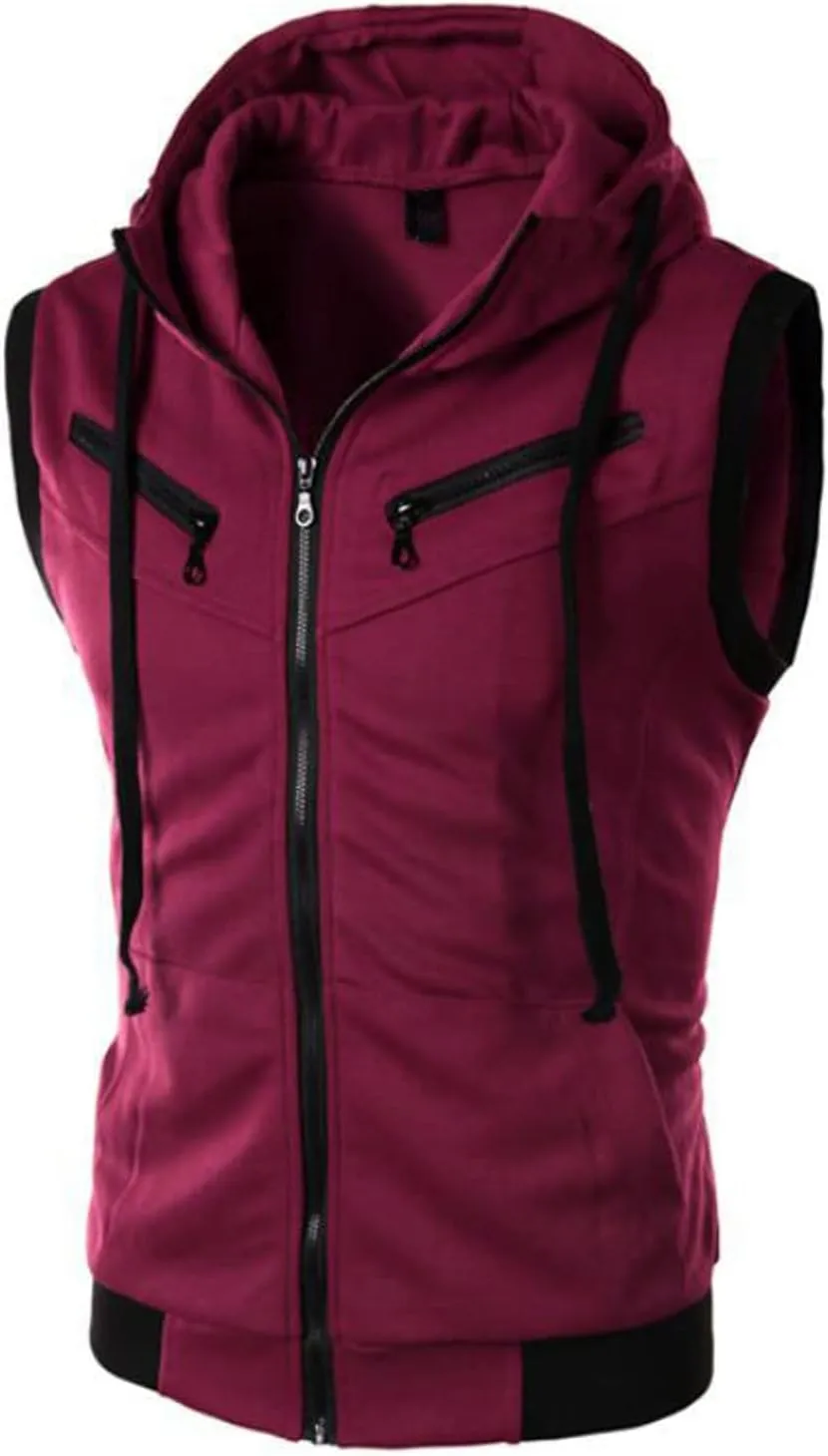 Previn Men's Sleeveless Hoodie Casual Slim Fit Zip Up Drawstring Plain Tank Top Hooded Vests